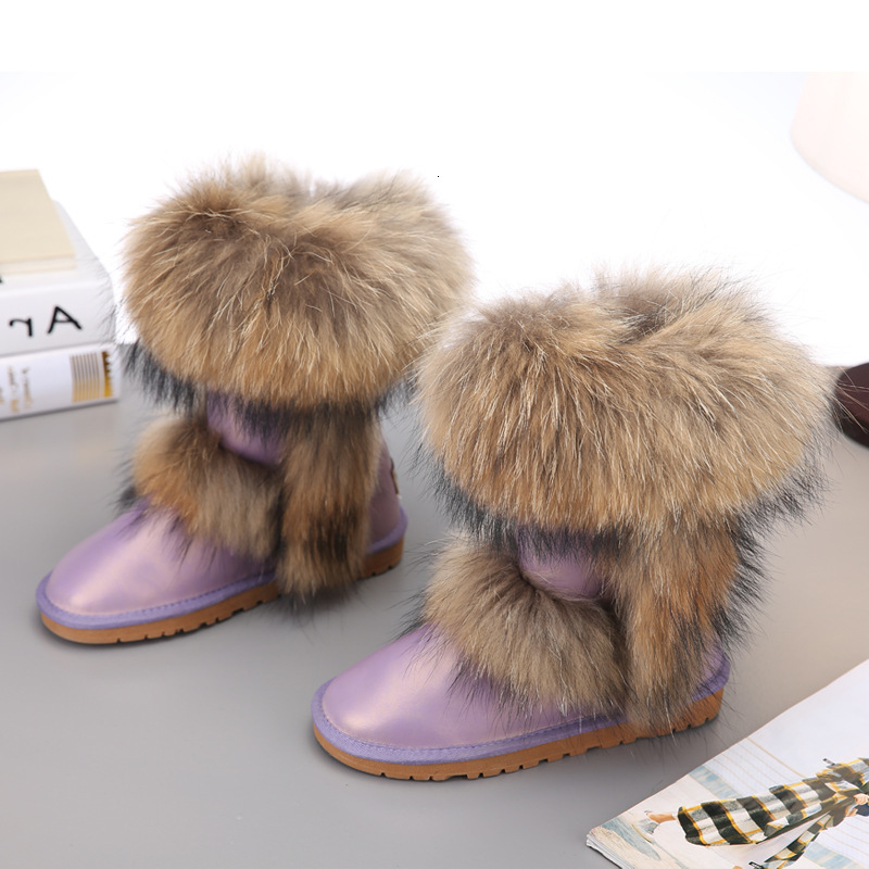 Winter Women Genuine Leather Snow Fox Fur Mid-Calf Warm Boots Female Shoes Size 34-40