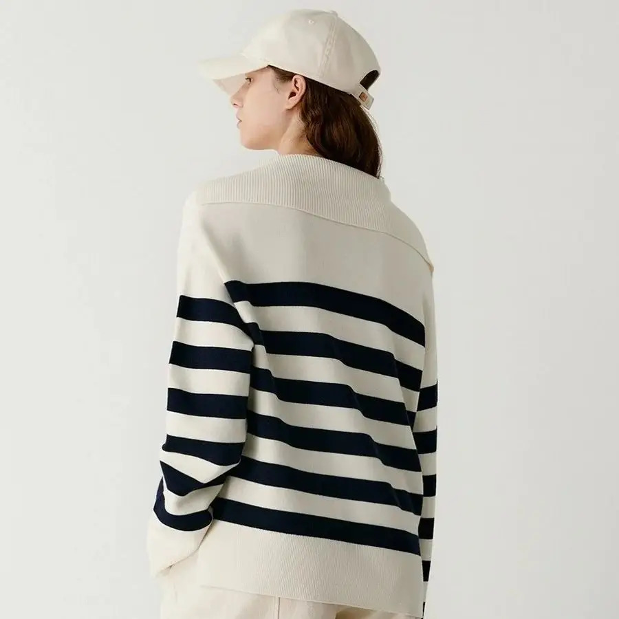 Womens Pullover AutumnWinter 100 Wool Sweater JapanKorea Loose Casual Knit Navy Collar Tops Striped Blouse 241021