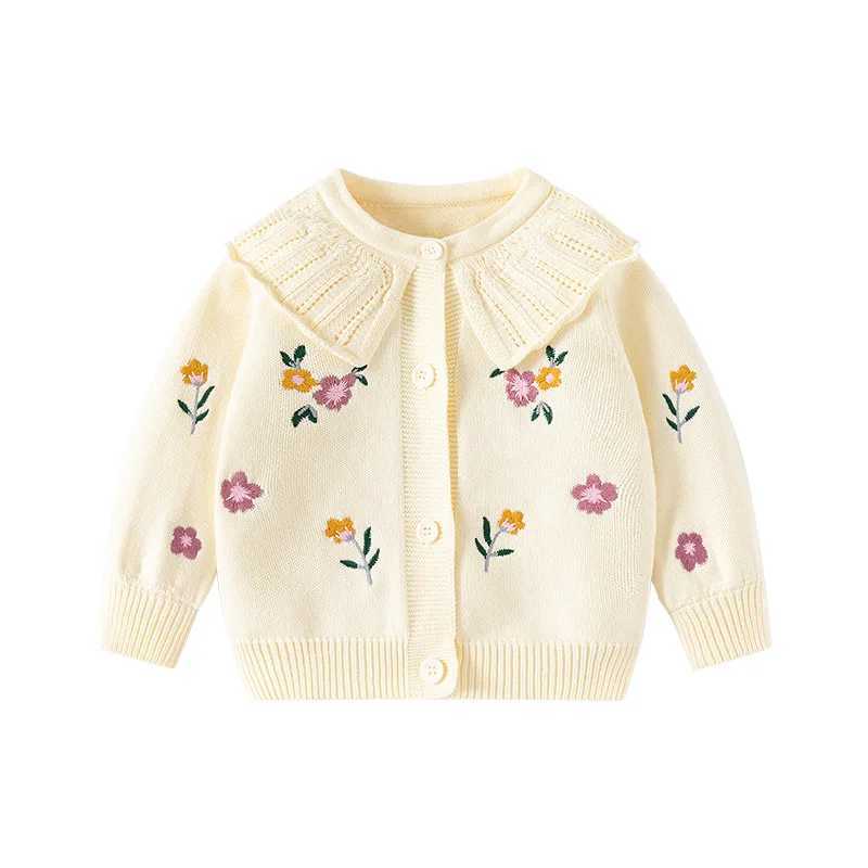 Autumn and winter childrens girls cardigan wool sweater cotton knitted flower embroidered lapel long sleeved baby girls sweater childrens girls coat W