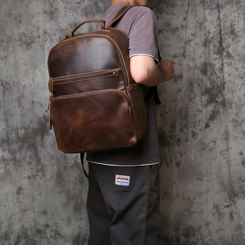 Retro Genuine Men's Large Capacity Head Layer Backpack Casual Crazy Horse Leather Laptop Bag