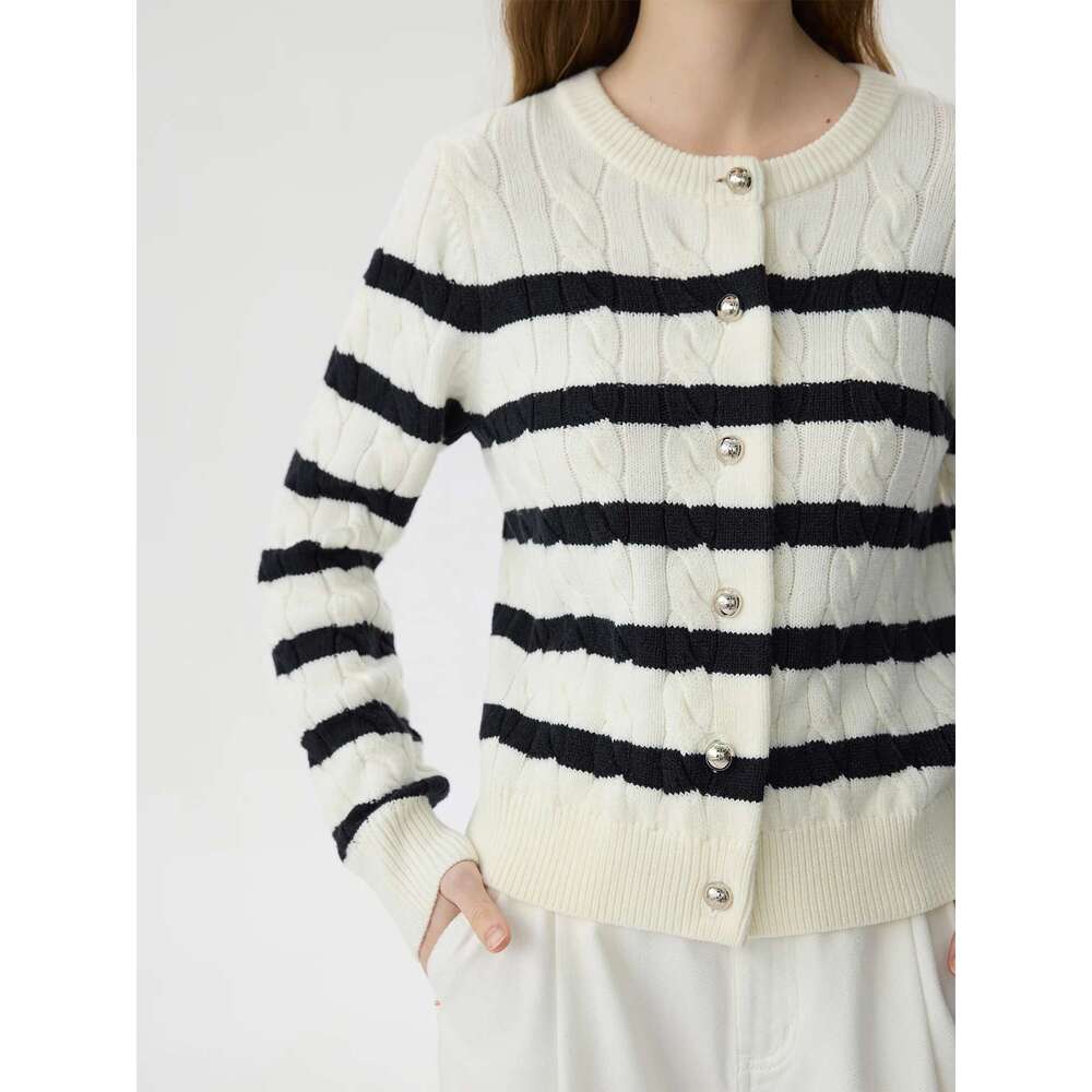 FSLE 13.3% Sheep Wool Black White Striped Twisted Knit Red Cardigan For Women 2024 Autumn Winter Warm Chic Sweater 24Fs14030