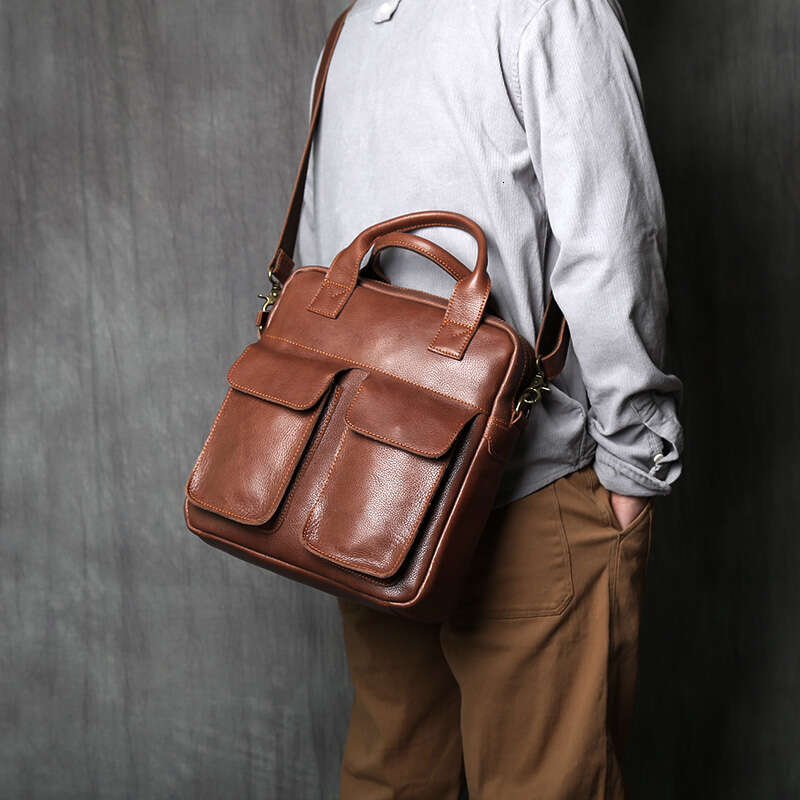 New Retro Leather Men's Handbag Top Layer Cowhide Vertical Single Shoulder Messenger Postman Briefcase Computer Bag