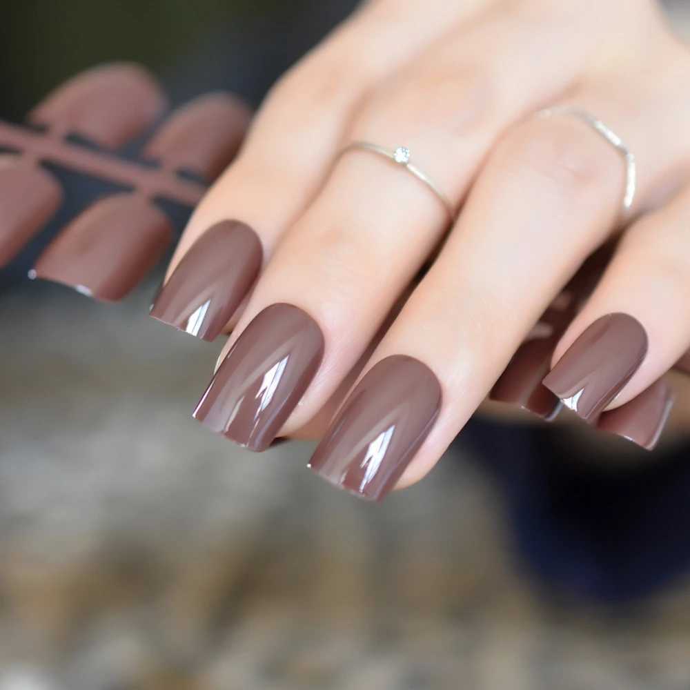 Coffee Brown False Nails Tip Chocolate UV Effect Fake Nail Full Cover Medium Length Square ABS Artificial DIY Nail ManicureXJ241025