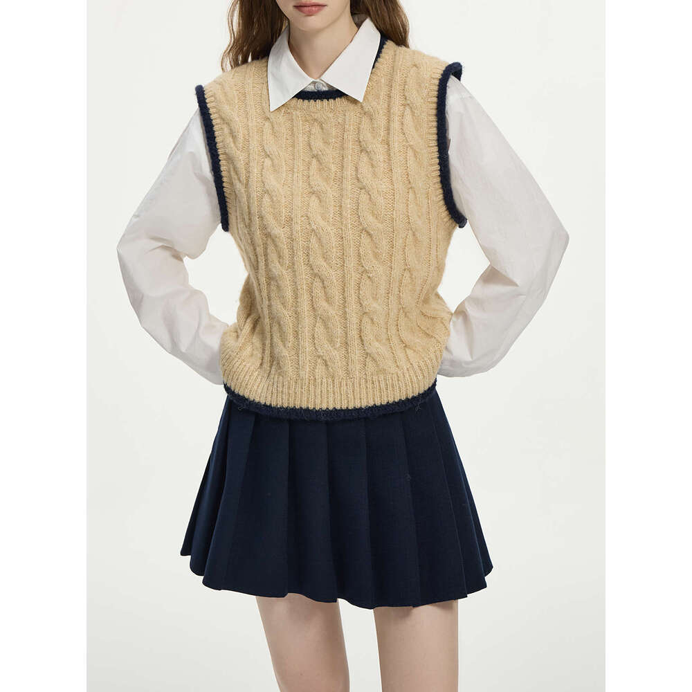 FSLE Women Knitted 6.2% Wool Winter Vests Soft Female Short Contrast Color Sleeveless Sweater Top Round Neck Vest 24Fs14280