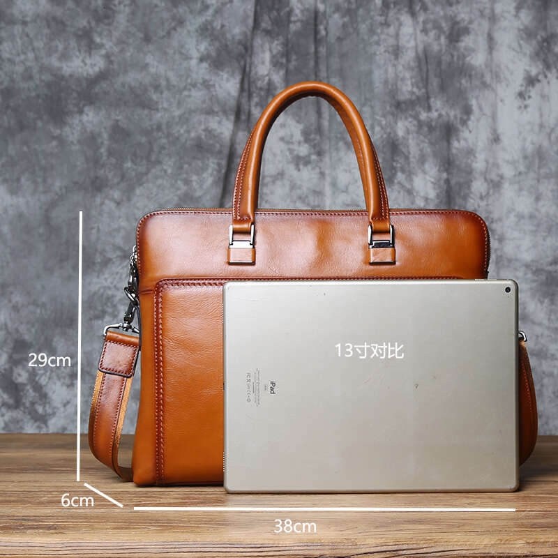 Vintage Genuine Leather Men's Briefcase Natural Cowhide Horizontal Handbag Business Crossbody Casual Computer Bag