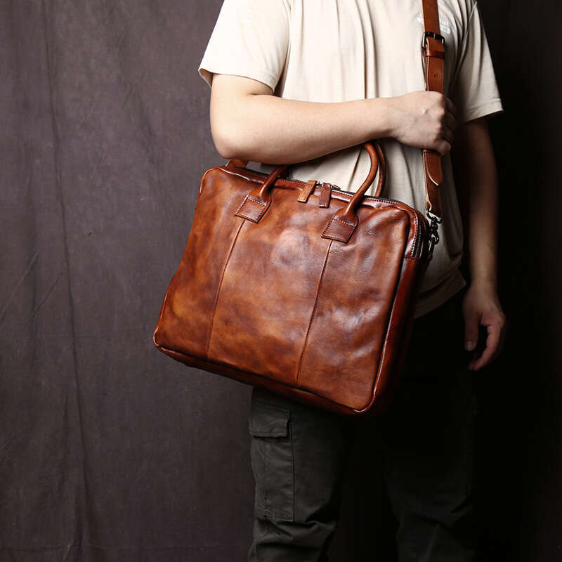 Retro Handmade Men's Handbag Top Layer Cowhide Horizontal Computer Bag Vegetable Tanned Leather Zipper Briefcase NZPJ