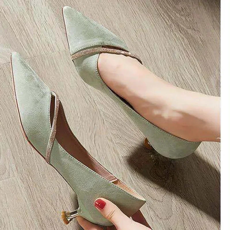 One Word Oblique Strap Low Heels Womens Full Match Small Fresh Rhinestone Corner Shoes Zapatos De Mujer Pump 241024