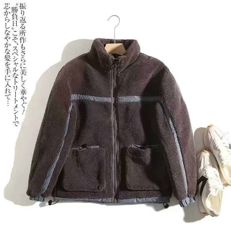 Mens winter warm jacket Lambswool thick wool pocket jacket casual climbing outdoor high neck windproof jacket men 2024 W241024