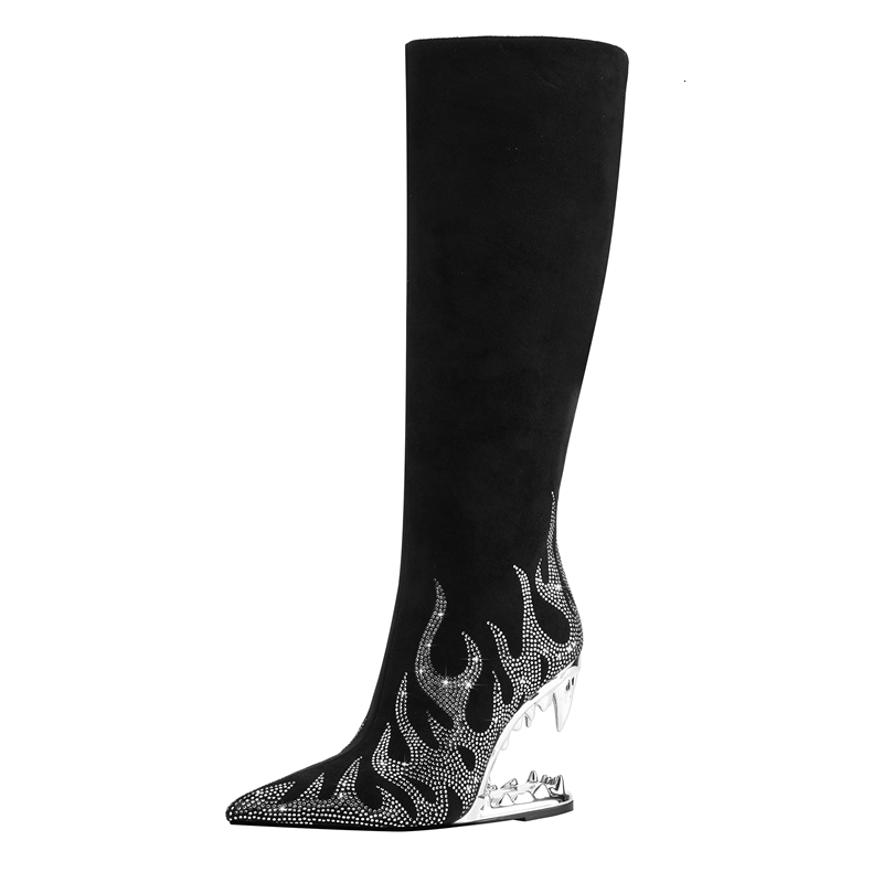 Kaky's New Pointed Rhie Wolf Teeth Heel Women's Large Long High Barrel Fashion Boots