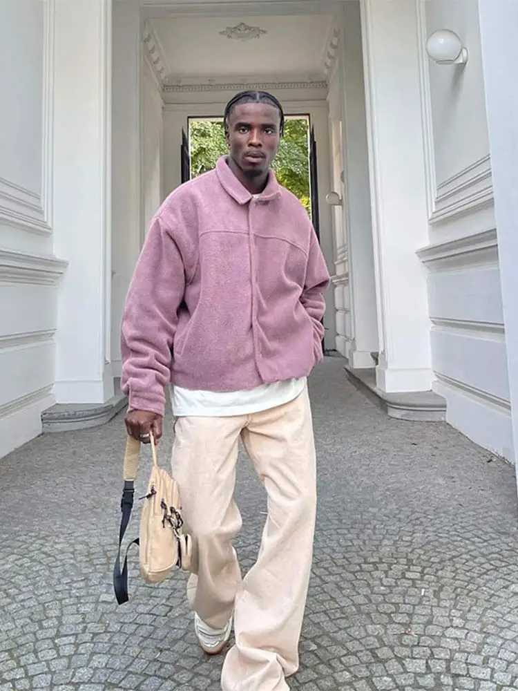 Mens Fashion Casual Teddy Velvet Jacket Autumn Loose Collar Single Chest Warm Coat 2024 Mens Pocket Thick Cashmere Coat W241024