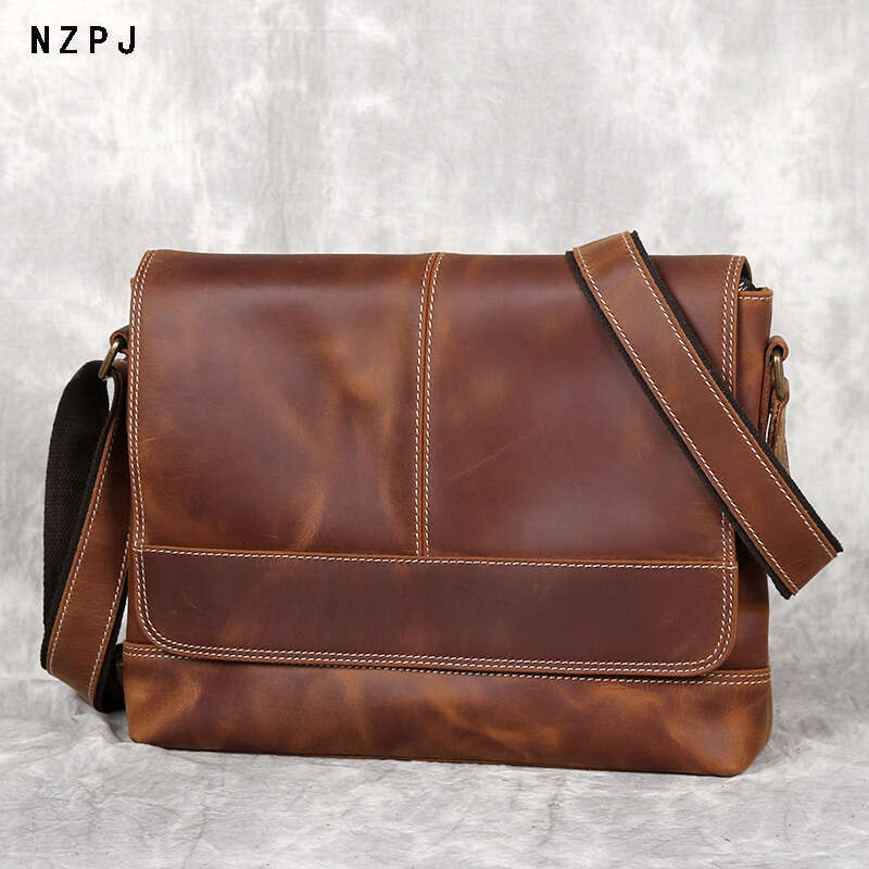 New Shoulder Retro Top Layer Cowhide A4 File Men's Brown Handmade Crazy Horse Leather Messenger Bag