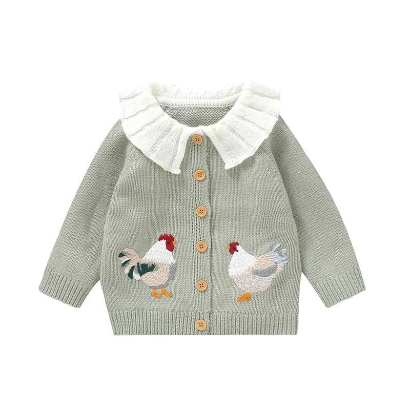 Womens knitted cardigan sweater rooster embroidery doll collar knitted jacket childrens autumn and winter clothing W241025