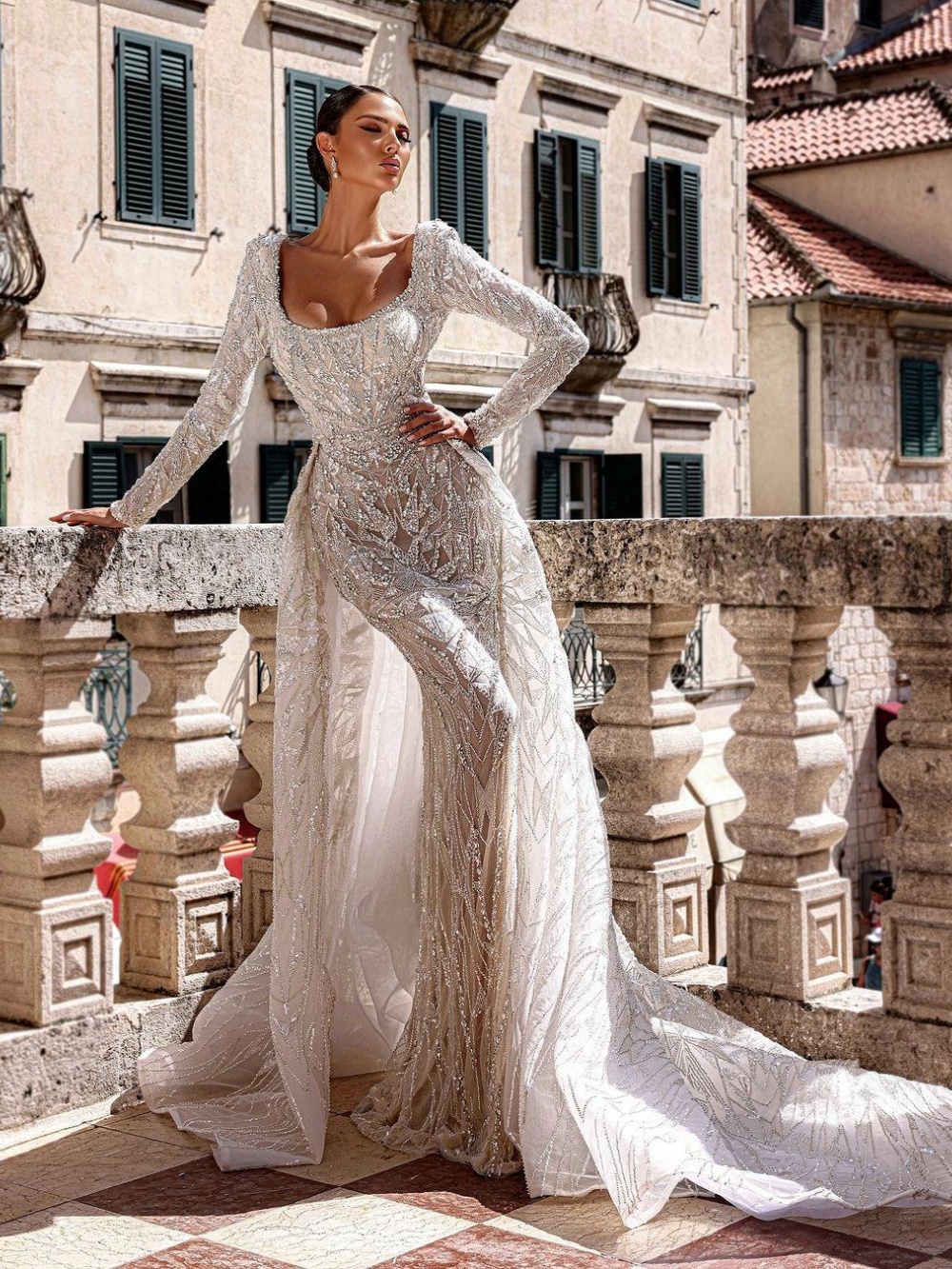 Luxury Mermaid Wedding Dress Sequins Beading Crystal Square Neck Bride Gowns Detachable Sweep Train Bridal Dresses Custom Made