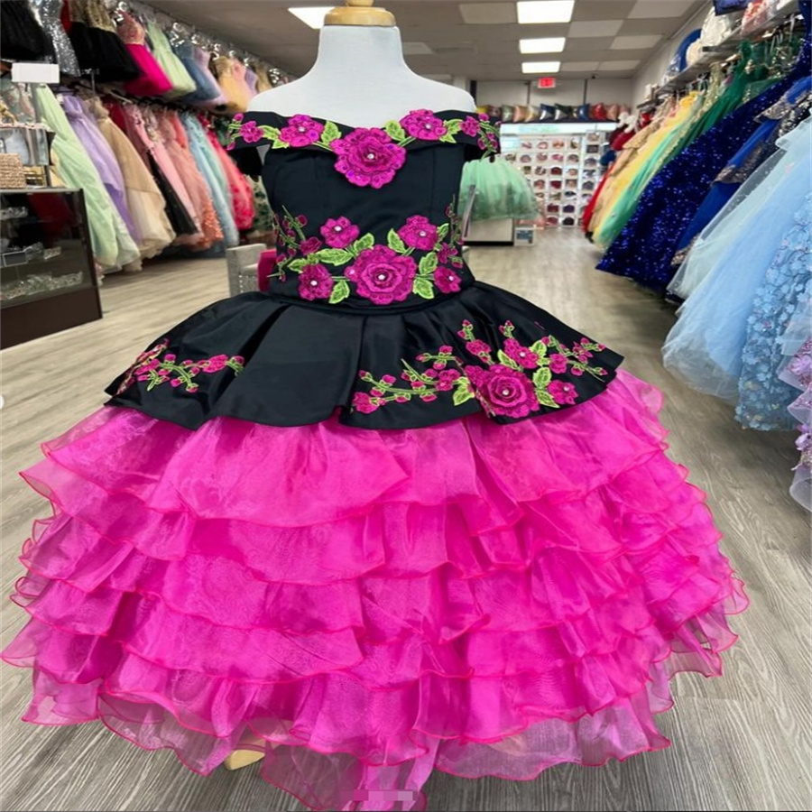 Hot Pink Charro Flower Girls Dresses 2025 Mexican Mariachi Toddler Escaramuza Kids Pageant Dress Luxury Baby Birthday Party First Communion Wedding Pa