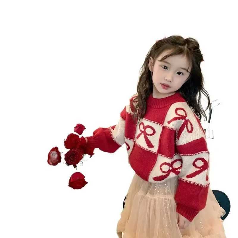 Girls Red Sweater Thickened 2024 Autumn/Winter New Childrens Knitted Childrens Christmas Thread Clothing W241025
