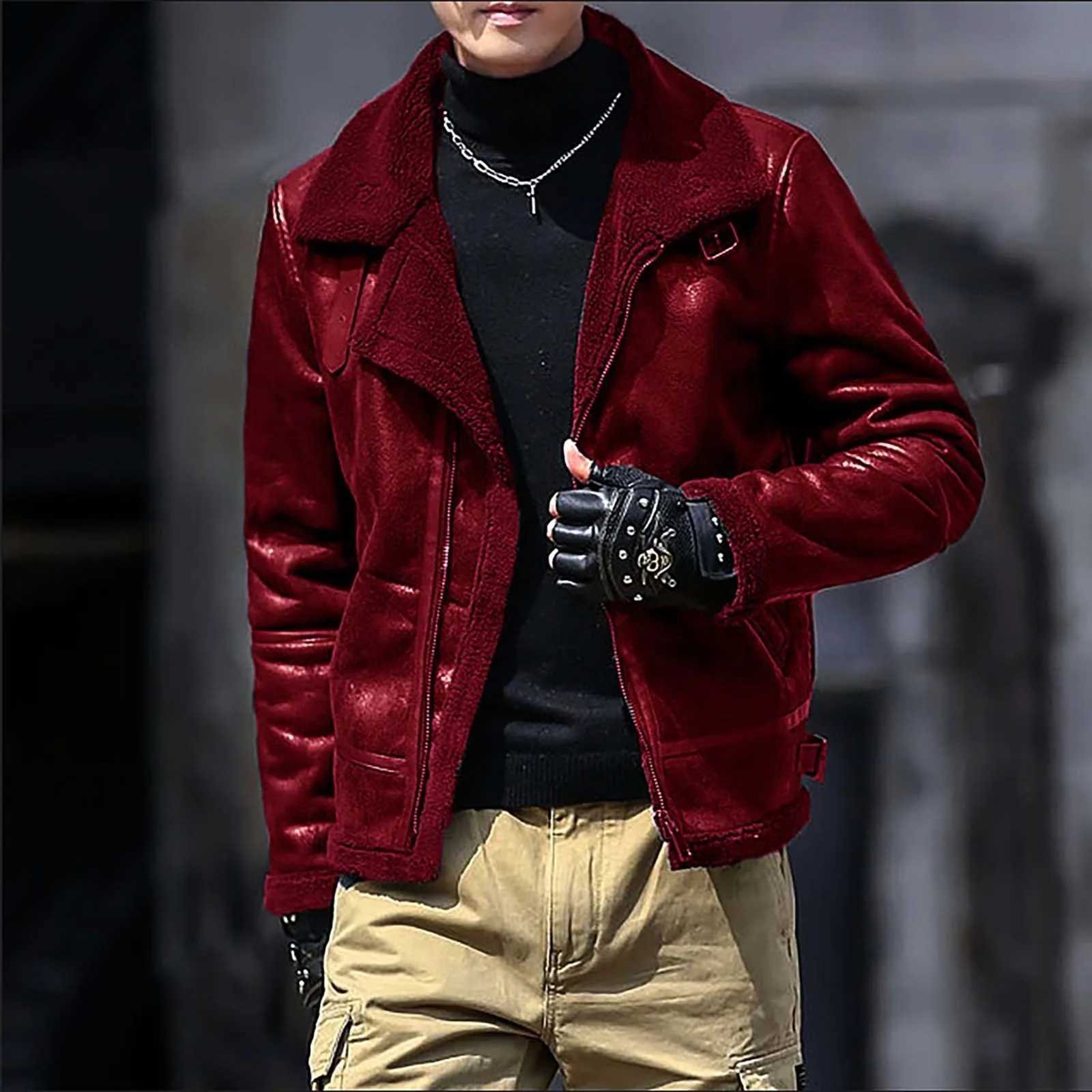 Mens Lambswool lined jacket thick hot zipper wool warm jacket outdoor motorcycle drive warm jacket W241024