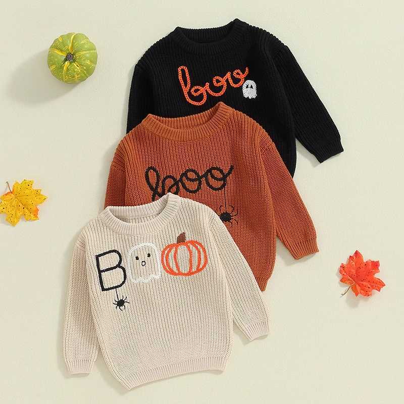 Preschool girl boy sweater Halloween costume pumpkin ghost spider letter embroidery long sleeved childrens pull-up top W241025