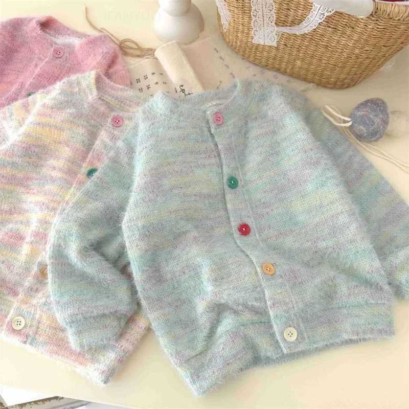 Autumn and Winter Plush Warm Childrens Rainbow Sweater Jacket Fashion Edition Girls Sweater Jacket Cute Girls Top W241025