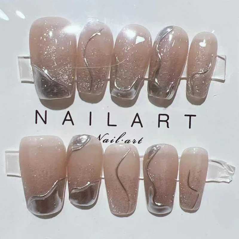 10pcs Detachable Cat Eye Gradient Fake Nail Magic Mirror Powder Square Press on Nails Medium Length Ballet False Nails with GlueXJ241025