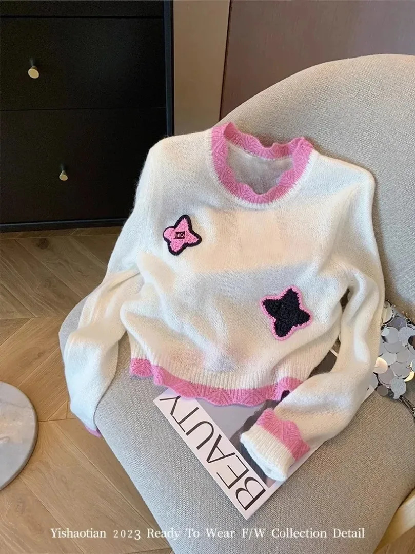 Knitting Long Sleeve Sweet Jumpers Casual Y2K Pullovers Winter Korean Fashion Women Print Round Neck Ladies Sweater 241018