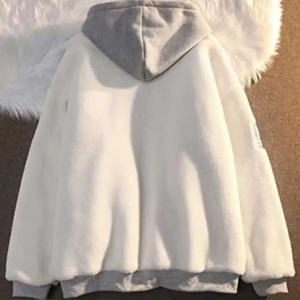 Imitation Lambswool Hoodie Thickened Hoodie Winter Hoodie Sweater Jacket with Zipper Drawstring Pocket Couple Color Lock W241024
