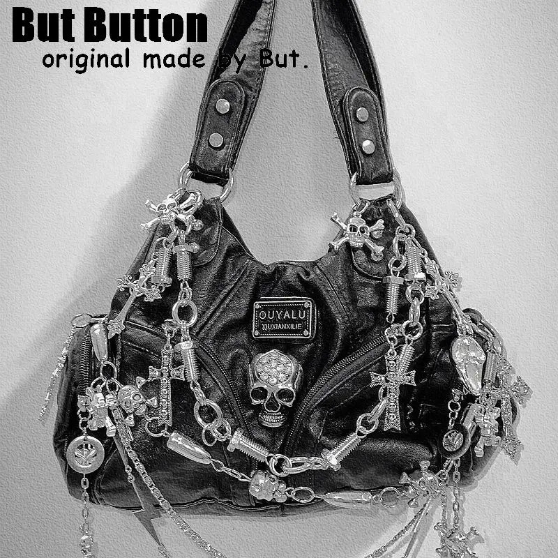 Womens Y2k Girl Retro Harajuku Full Chain Gothic Rivet Nail Gothic Single Shoulder Handbag Womens Punk Handbag Steampunk Bag 241024