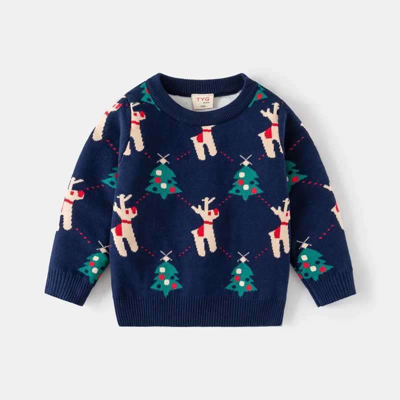 Winter childrens sweater long sleeved printed deer Christmas tree zipper Knitwear 2-6Y baby boy girl sweater childrens party clothing W241025