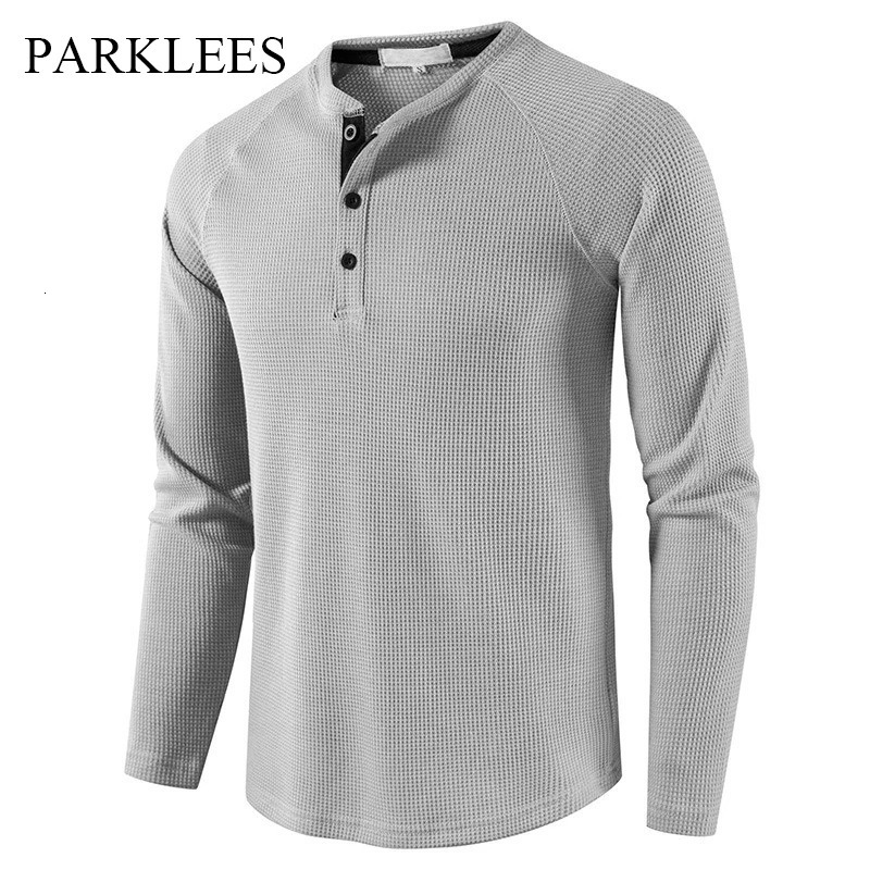 Parklees Grey Waffle Mens Henley Shirt Casual Solid Breathable High Quality Shirts Regular Fit Long Sleeve Basic Tops Tees Homme 241024