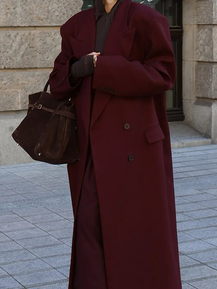 Elegant double-layer wool long coat for womens fashion with pockets full sleeved coat womens clothing 241024