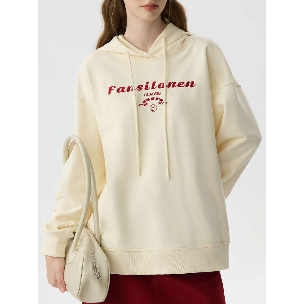 FSLE Women Winter Female Thicken Long Pullover Tops Letter Embroidery Drop Sleeve Casual Beige Hoodies 24Fs14538