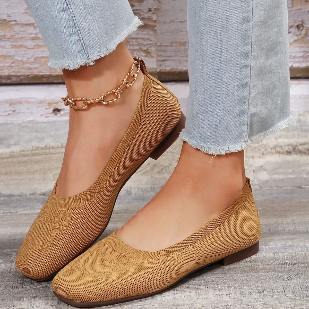Womens flat shoes summer solid knit flat shoes casual breathable ballet soft womens mesh shoes Loafers Zapatos De Mujer 241024