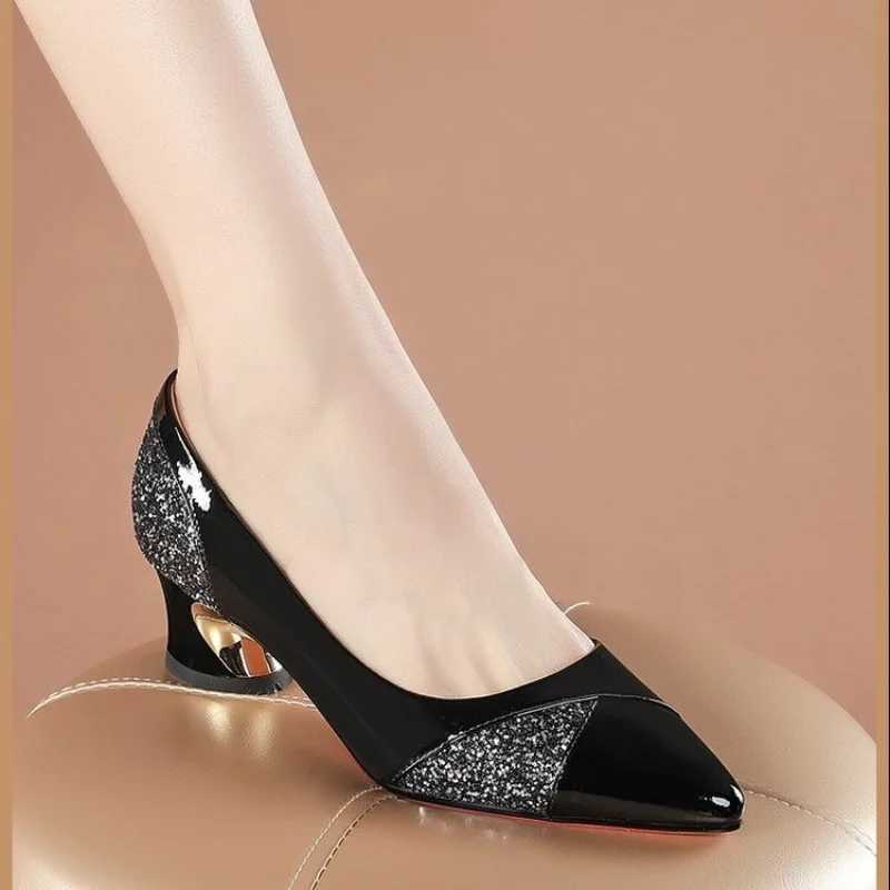 High Quality Fi Womens High Heel Pump 4CM Low Heel Elegant Womens Wedding Shoes Sexy Red Dot Toe Shallow Smooth Party Shoes T241024
