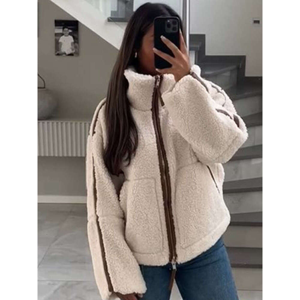 Casual Stand Collar Full Sleeve Patchwork Jacket Warm Double-End Zipper Pockets Plush Coats New Female Winter High Streetwear