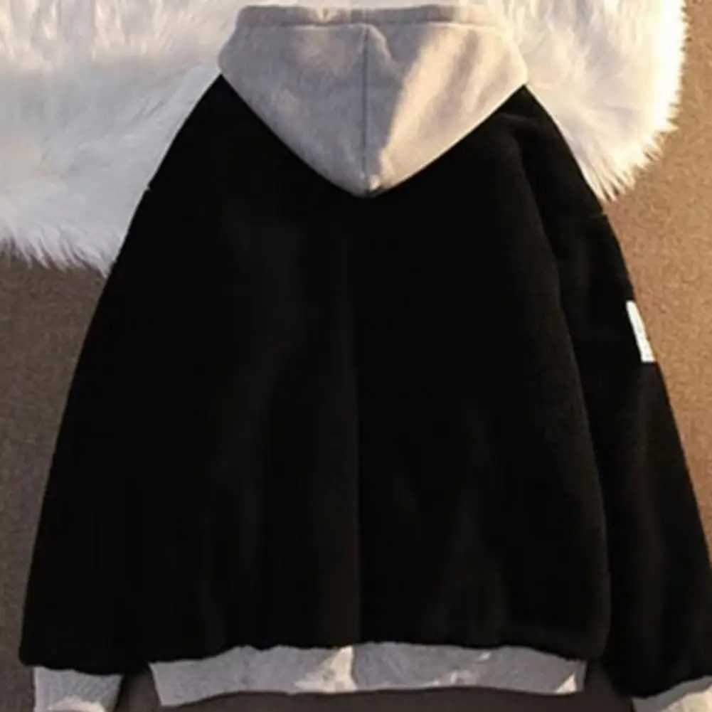 Imitation Lambswool Hoodie Thickened Hoodie Winter Hoodie Sweater Jacket with Zipper Drawstring Pocket Couple Color Lock W241024