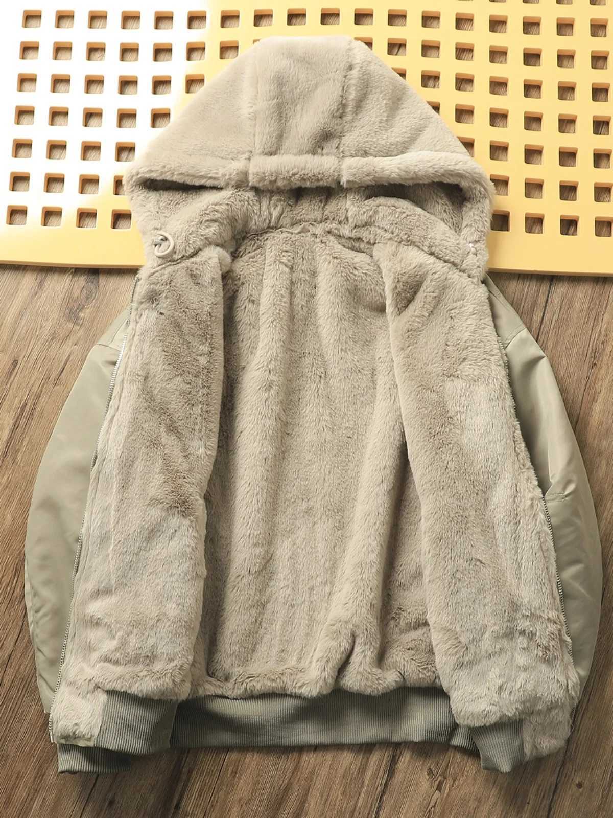 Double sided rabbit plush inner winter mens thick warm bomber jacket light luxury cashmere padded coat unisex hooded park W241024