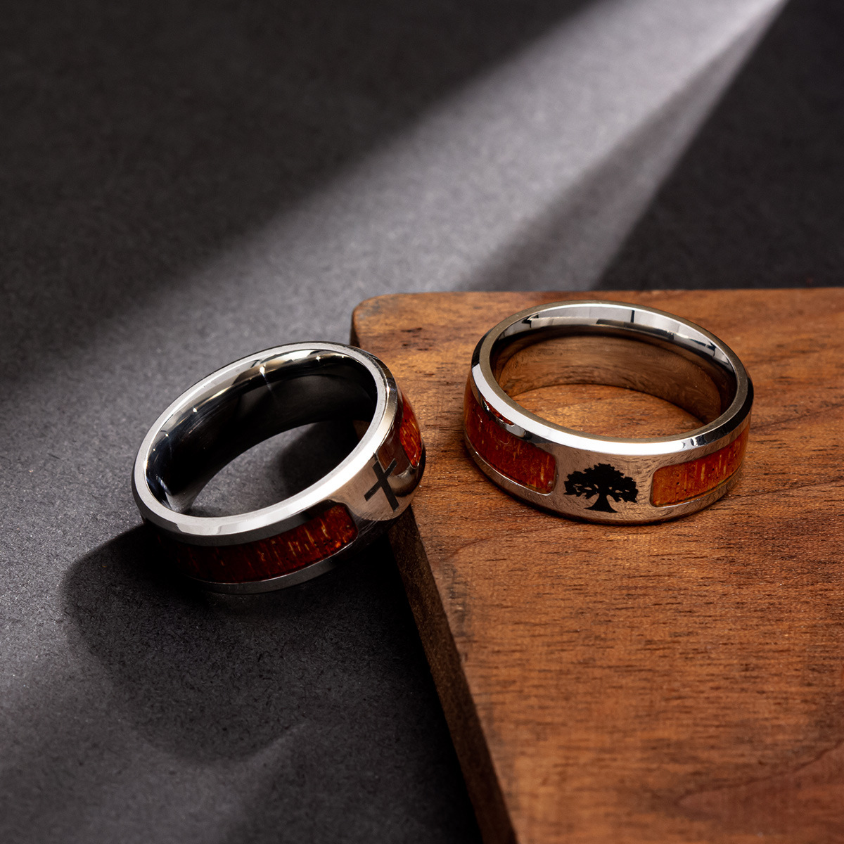 Stainless Steel Wood Tree of Life Jesus Cross Ring Band Design Rotatable Chain Signet Rings for Women Men Gold Filled Fashion Jewelry