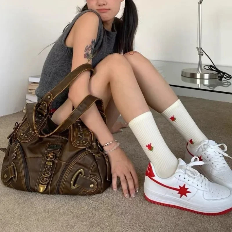 Xiuya Y2k Retro Womens Shoulder Bag Large Capacity Casual Pu Leather Handbag American Retro er Womens Armrest Bag 241024