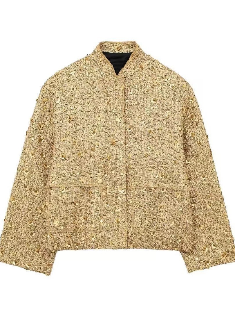 Women's Jackets Women Fashion Glitter Long Sleeve Jacket Casual Single Breasted Buckle O Neck With Pocket Coat 2024 Lady Commuting Outerwear