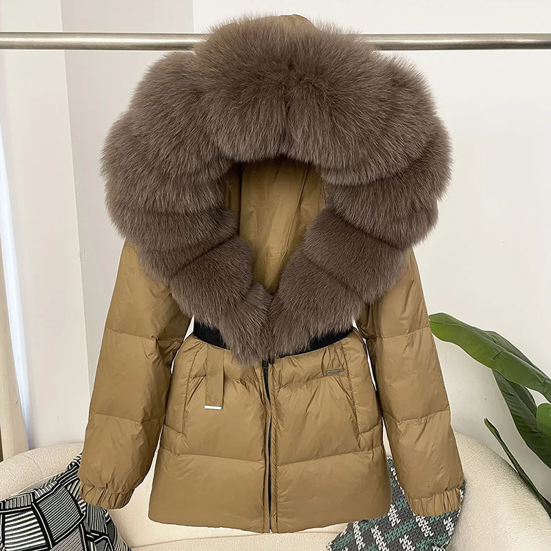 Winter womens Real Fox fur collar down jacket womens short warm inflatable jacket womens loose Parka 241024