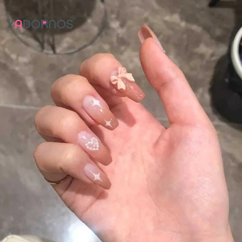 Gradient Pink Fake Nails Bowknot Pearl Love Heart Designs Y2K Girls Long Cofin Nails Press on Sweet Wearable False Nails 24PcsXJ241025