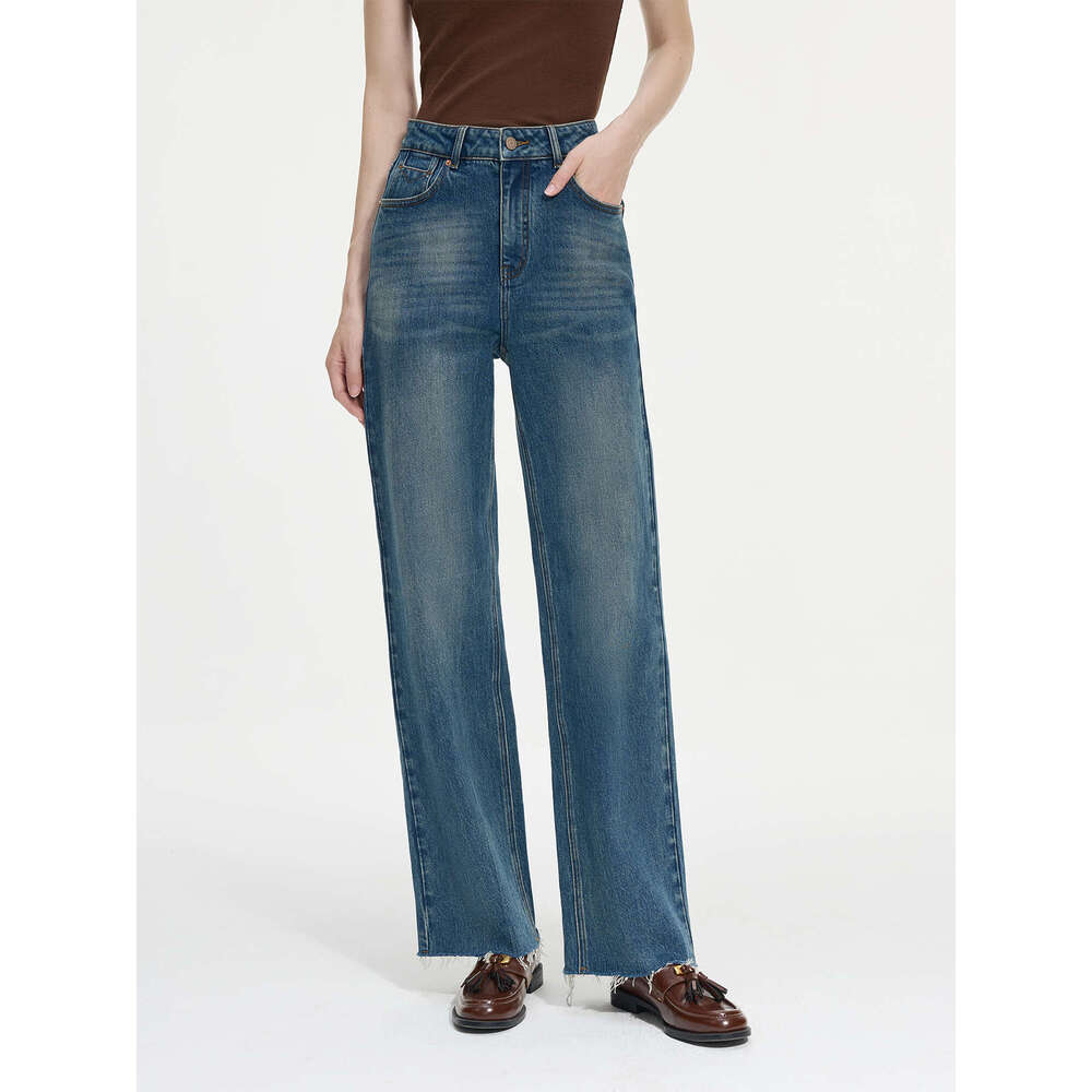 FSLE Office Lady Retro Fringed Mid Rise Straight Leg Mop Jeans 2024 Winter New Versatile Women Casual Loose Pants 24Fs14298