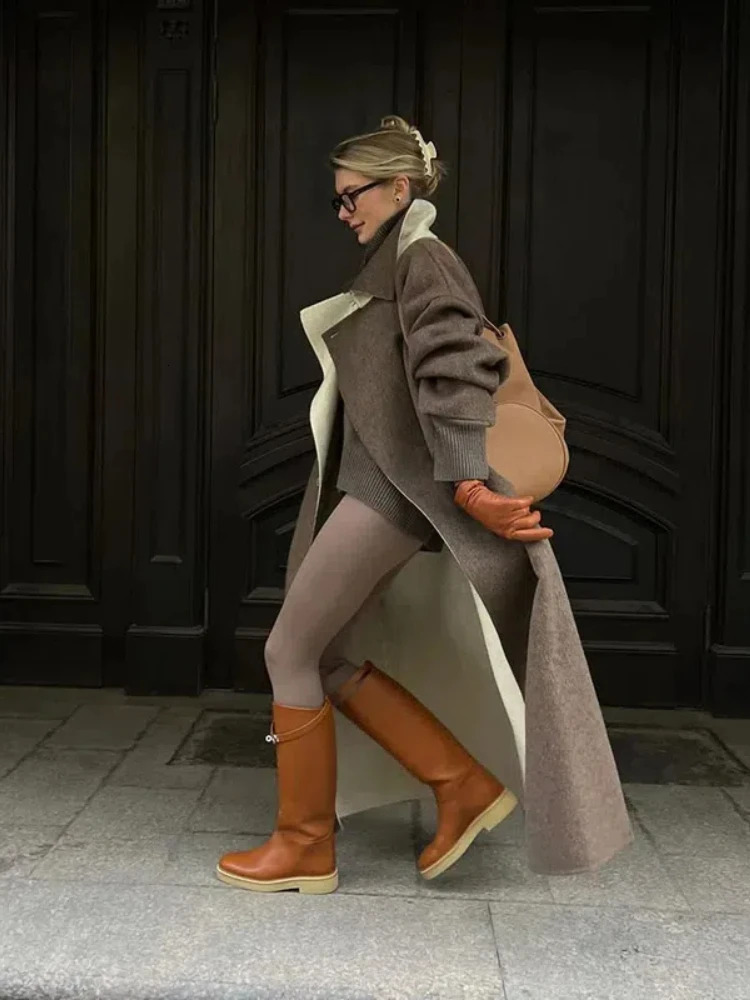 Retro collar wool long coat for womens casual and elegant single chest solid Maxi Coats womens winter loose chic streetwear 241024