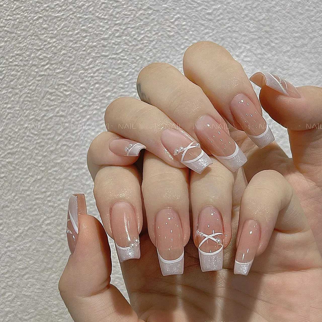 10pcs Aurora Coffin Handmade Press on Nails Pink Cat Eye Diamond Glitter French Full Cover Ballet False Nails Wearable Nails TipXJ241025