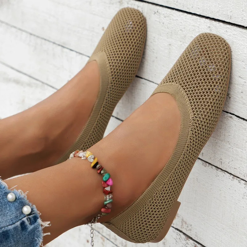 Womens Square Head Flat Shoes Solid Color Knitted Shoes Casual Breathable Ballet Flat Shoes Womens Sports Shoes Zapatos De Mujer 241024