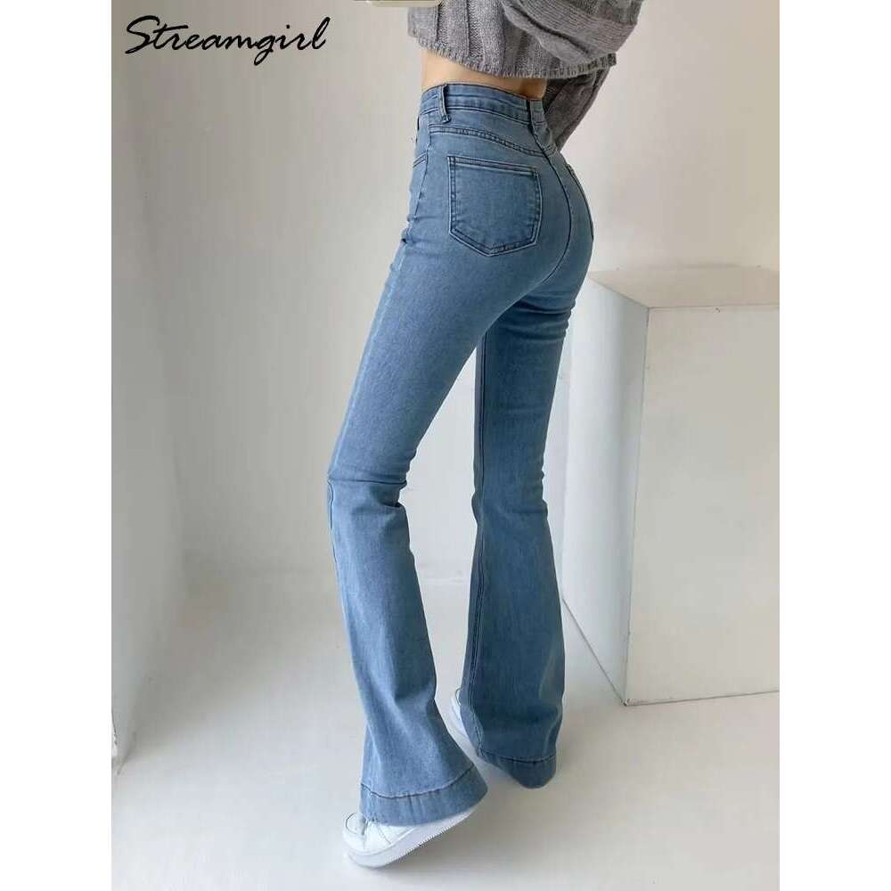 Elastic Stretch Full Denim Pants Soring Black Skinny Jean High Waist Flare Leg Blue Jeans For Women