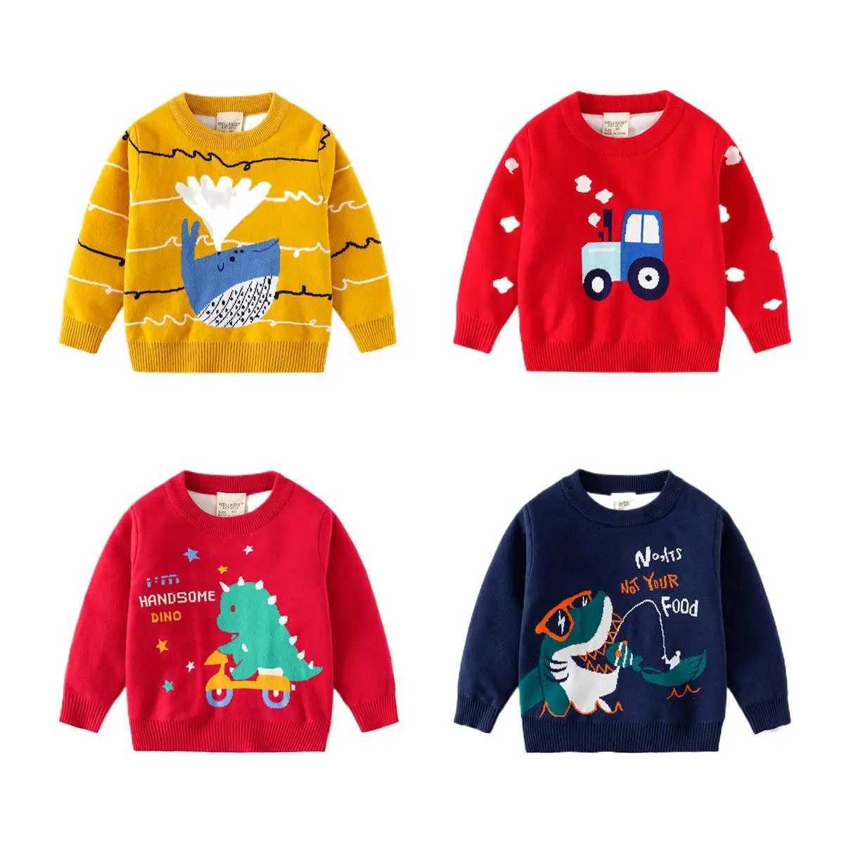 Autumn and Winter Childrens Sweater Long Sleeve Cartoon Dinosaur Childrens Pulley 1-6 Year Old Childrens Knitted Jumper W241025