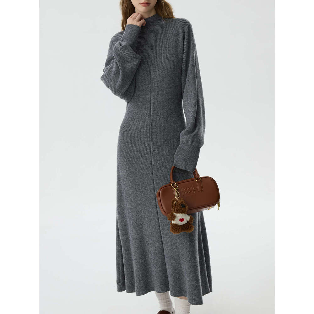 FSLE 33.8% Wool Half High Neck Knit Grey Elegant Women 2024 Winter New Design Bat Sleeve Gentle Dress No Scarf 24Fs14378