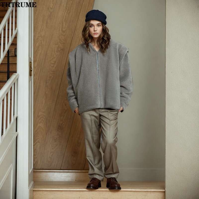 Elegant Fleece Autumn Jackets Fashion Women Solid Long Sleeve V-Neck Zipper Loose Coats Casual Streetwear Wool Thick New Jacket