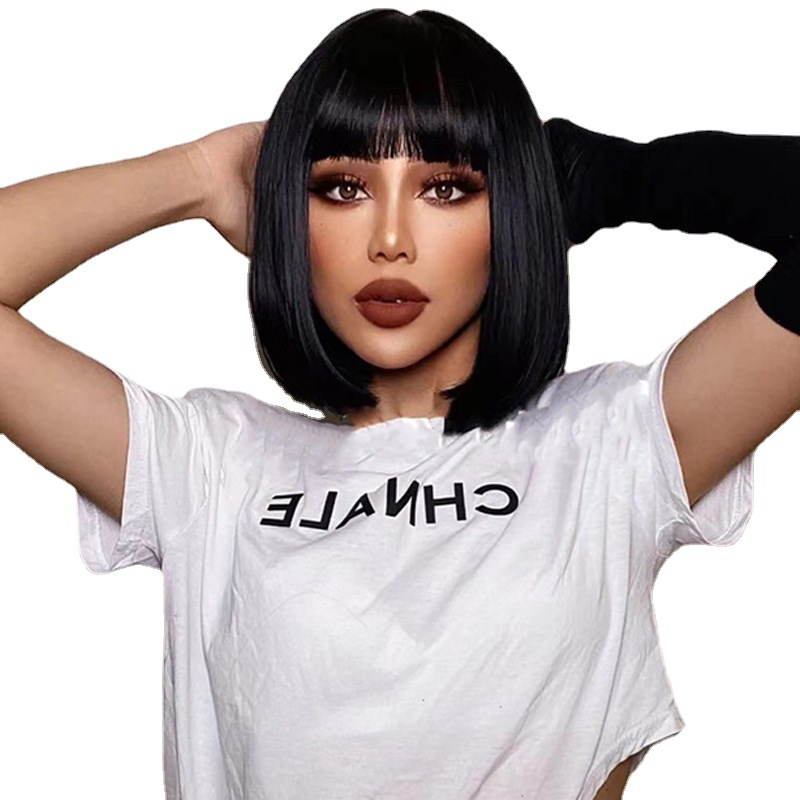 Wig for women black bangs short straight BOBO synthetic fiber wig full headpiece