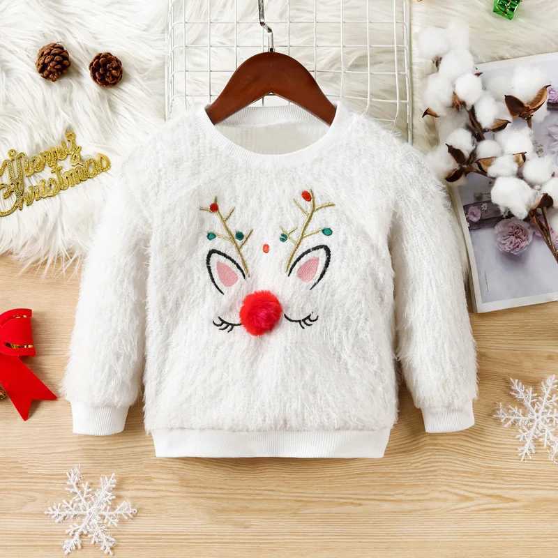 Citgeett Winter Christmas Childrens Girls Sweater Crew Collar Long Sleeve Reindeer Pattern Knitted Fuzzy Loose Suitable Zipper Top W241025